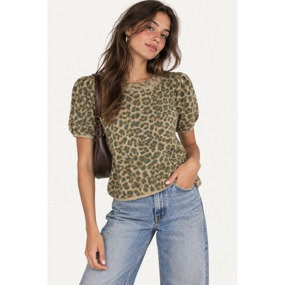 Anthropologie Short Sleeve Sweater Size M Green Tan Leopard Print Puff Shoulder